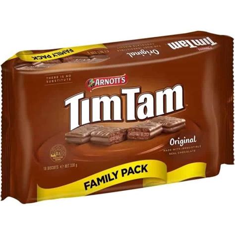 Product Details. An iconic Aussie treat, Arnott’s Tim Tam Original is a mouth-watering combination of crunchy biscuit, luscious cream centre, wrapped in a smooth milk chocolate coating . This family pack is the perfect size to share the indulgence with everyone. It’s easy to see why Tim Tam is A ustralia’s most-loved chocolate biscuit.